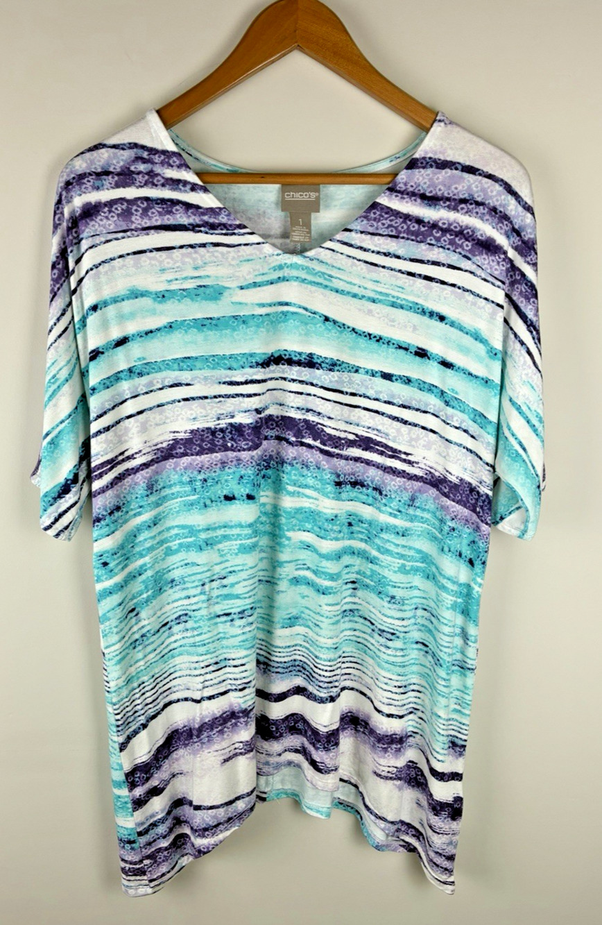 Chico’s Size 1 Women’s V-Neck Tunic Top Aqua Purple Stretch Resort Wear Travel